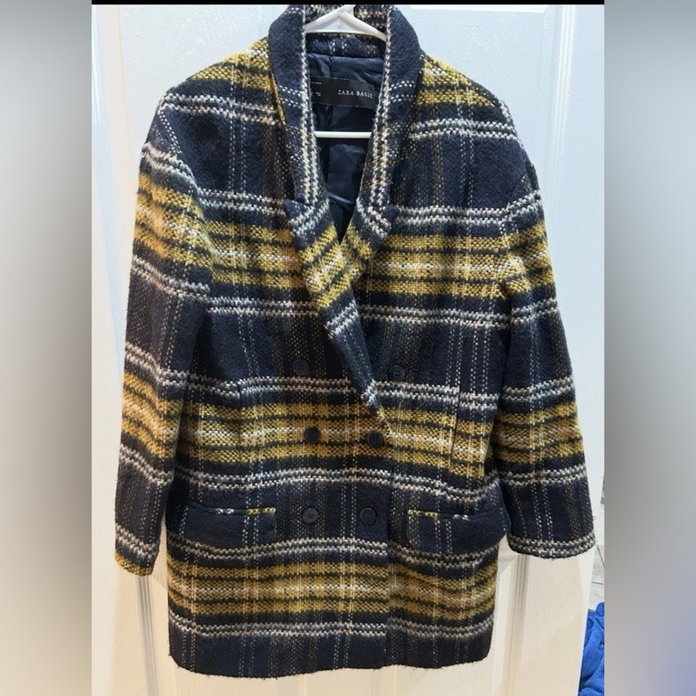 Zara Women's Yellow and Black Plaid Pea Coat Size M